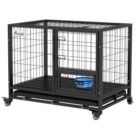 PawHut Heavy Duty Metal Dog Kennel with Bowl Holder Wheels and Removable Tray for Medium to Large Dogs Secure Black